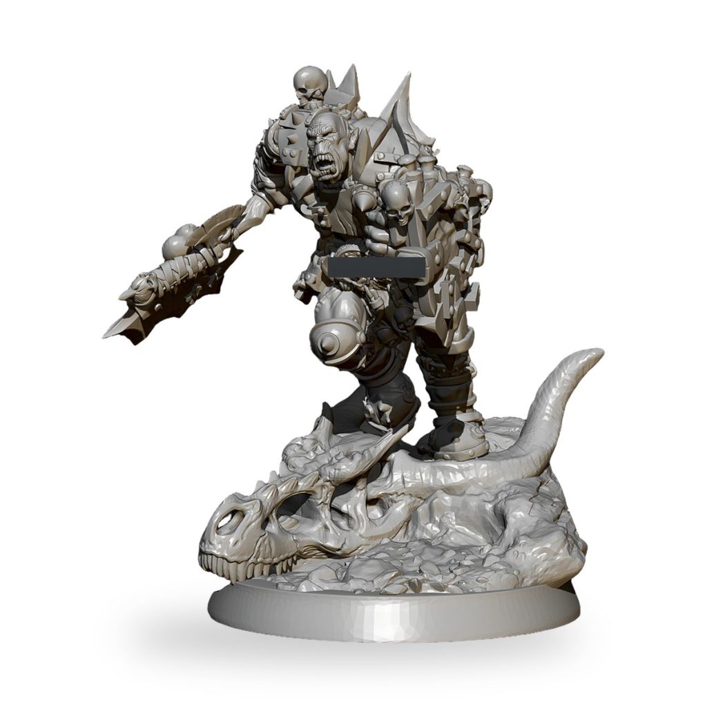 Unpainted orc warrior with battle axe standing on dragon skull base.