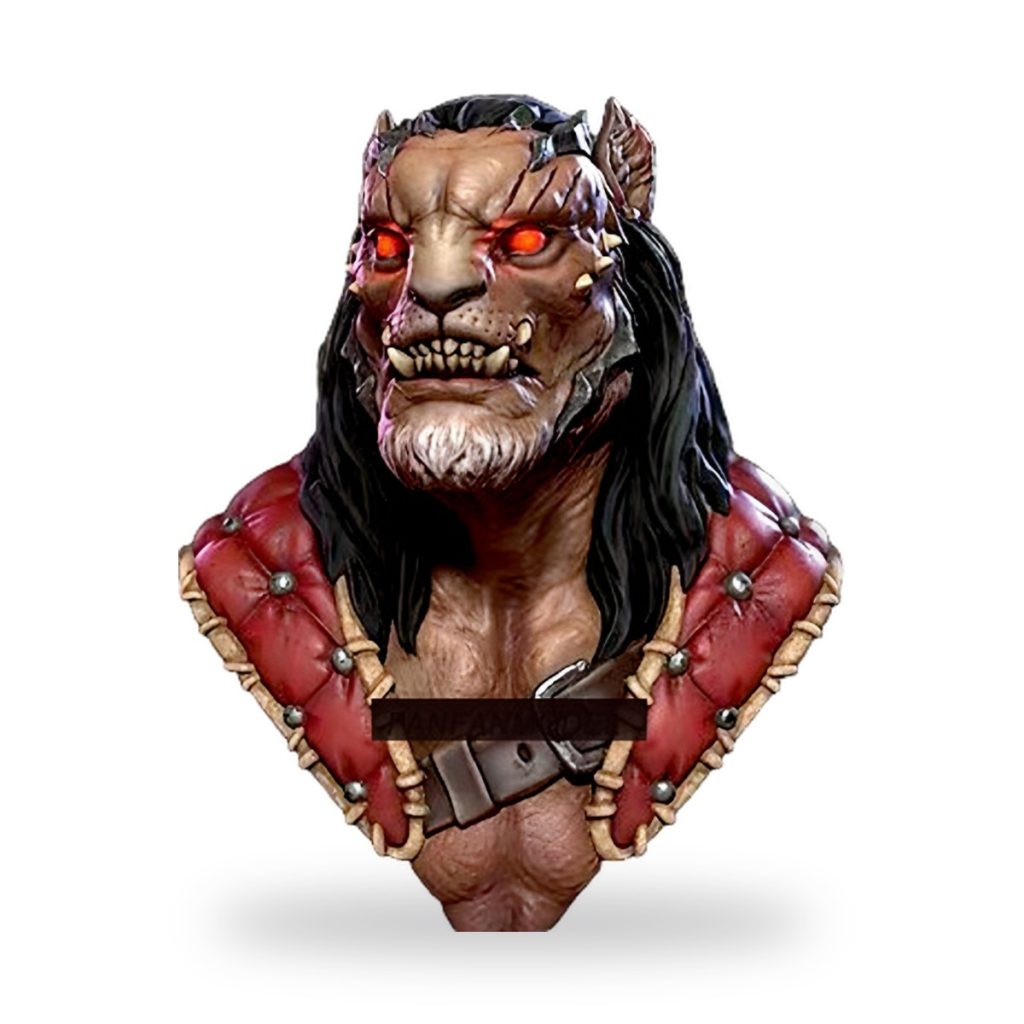 Unpainted lion-headed warrior bust in red armor with glowing eyes.