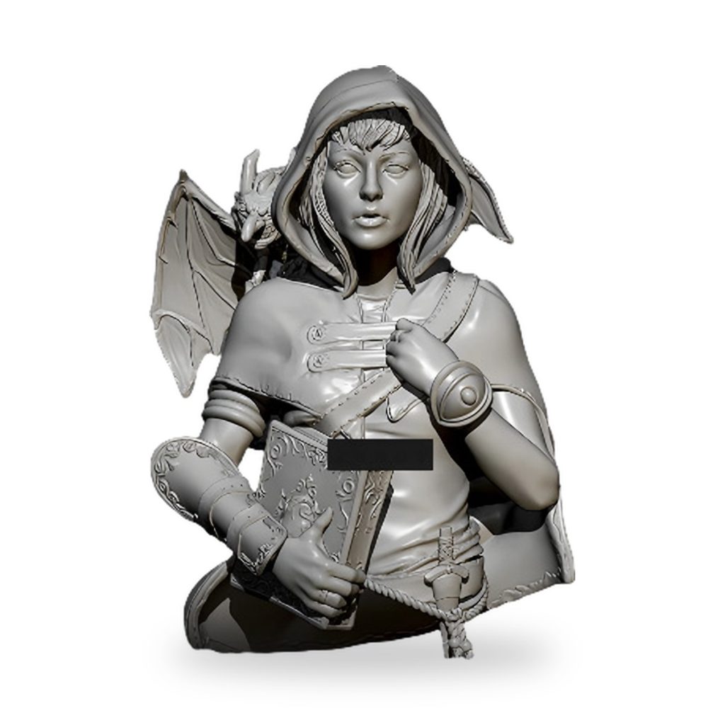 Unpainted bust of hooded mage with bat wings holding book and dagger.