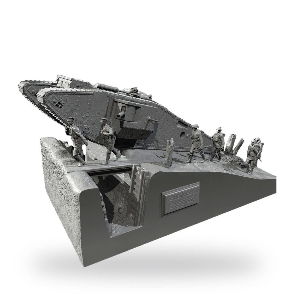 WWI tank diorama with soldiers and trench base.