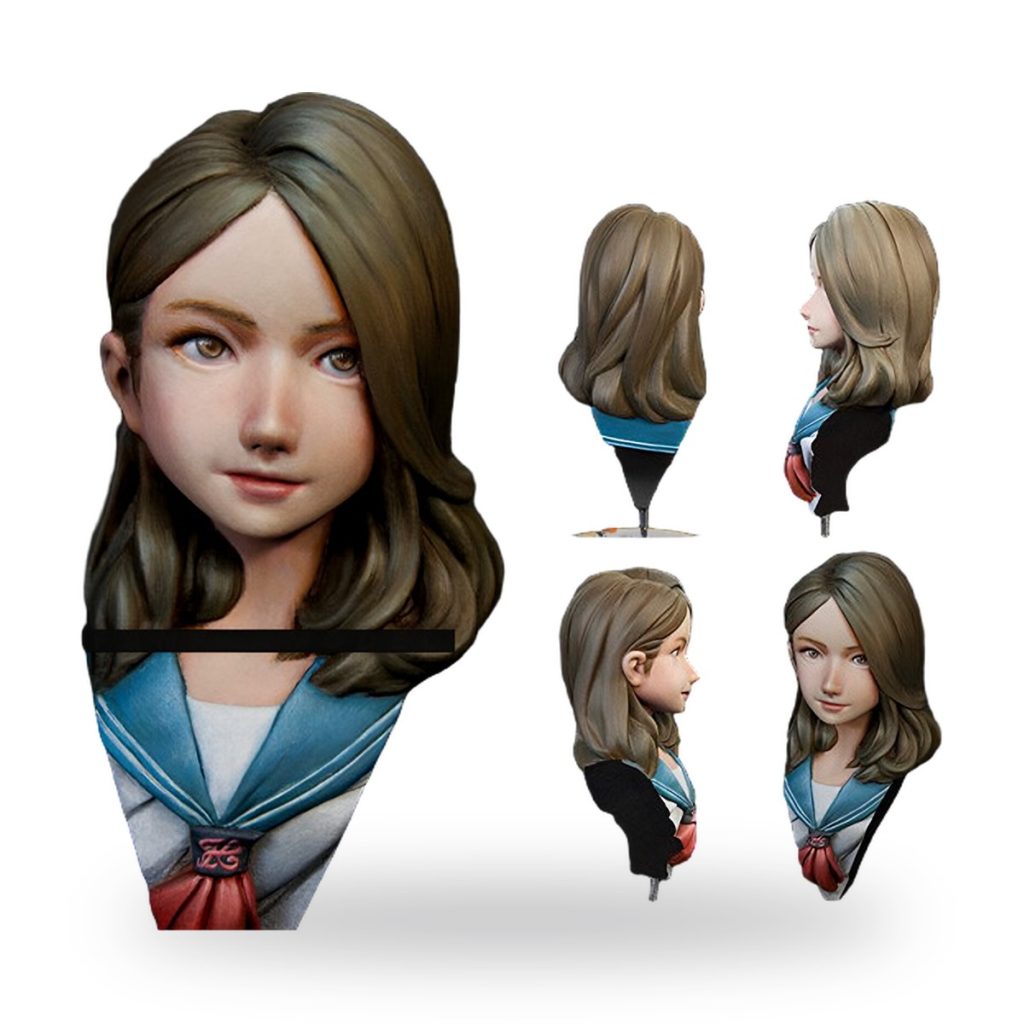 Unpainted Japanese schoolgirl bust with brown hair and sailor uniform.
