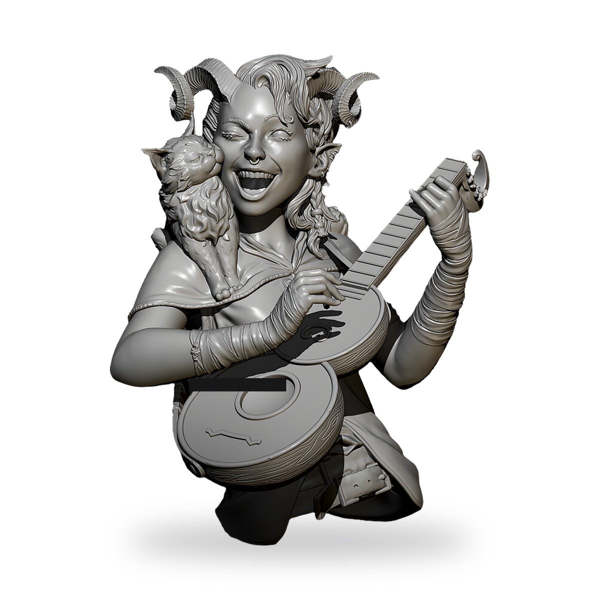 Unpainted bust of smiling goat-eared woman playing ukulele with kitten on shoulder.