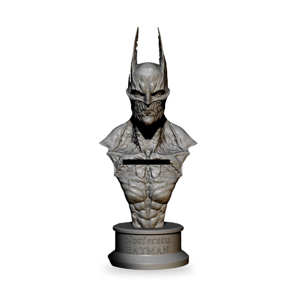 Unpainted Batman bust with vampire fangs and bat ears on base.