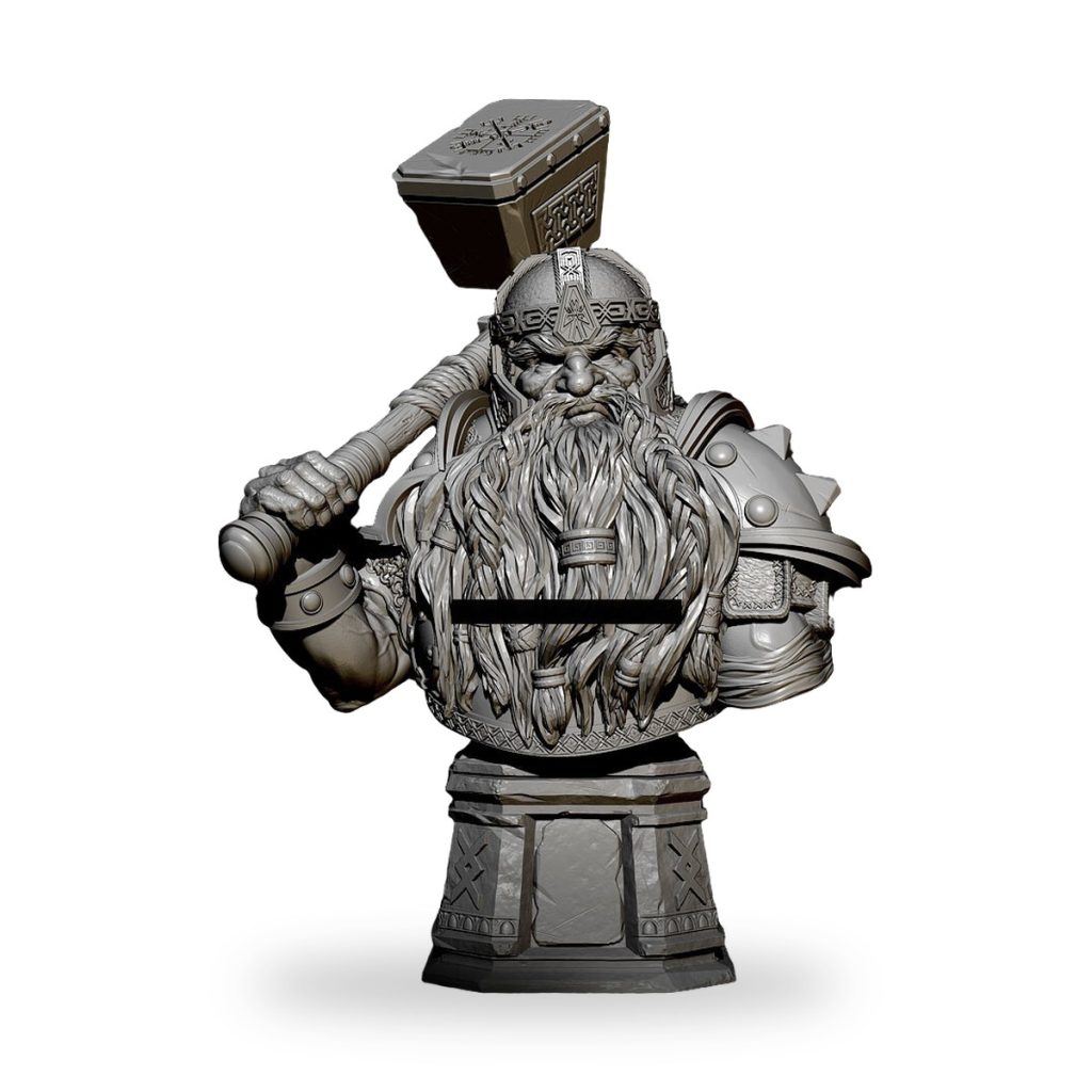 Unpainted dwarf warrior bust with axe and helmet.