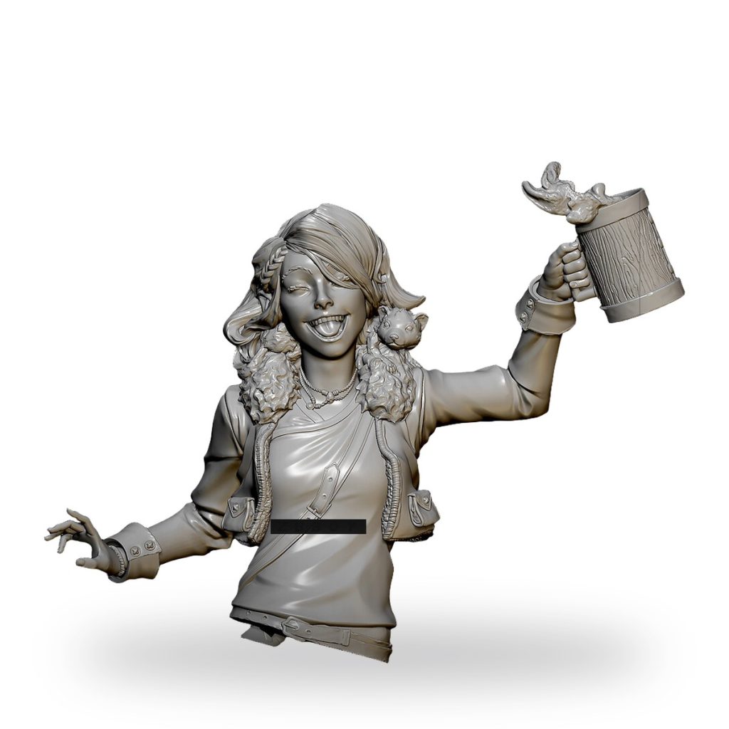 Unpainted bust of cheerful female bartender holding beer mug with animal totem.