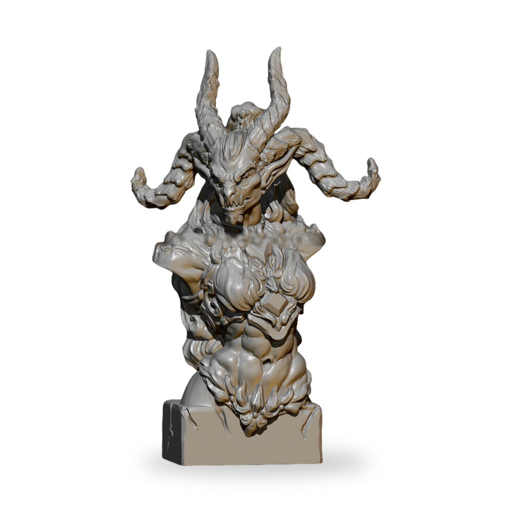 Unpainted bust of horned demon with muscular torso and clawed arms.