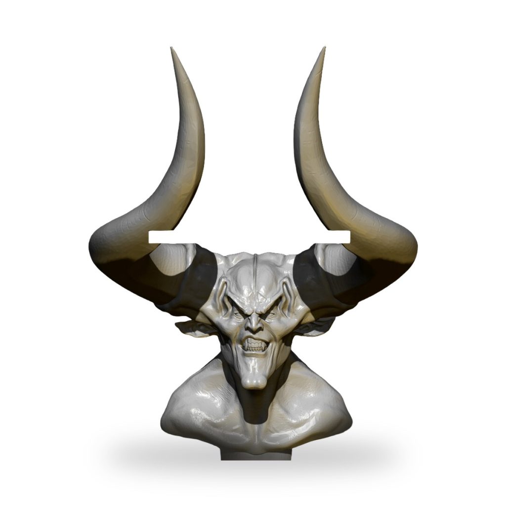 Unpainted resin bust of horned demon with muscular shoulders and fierce expression.