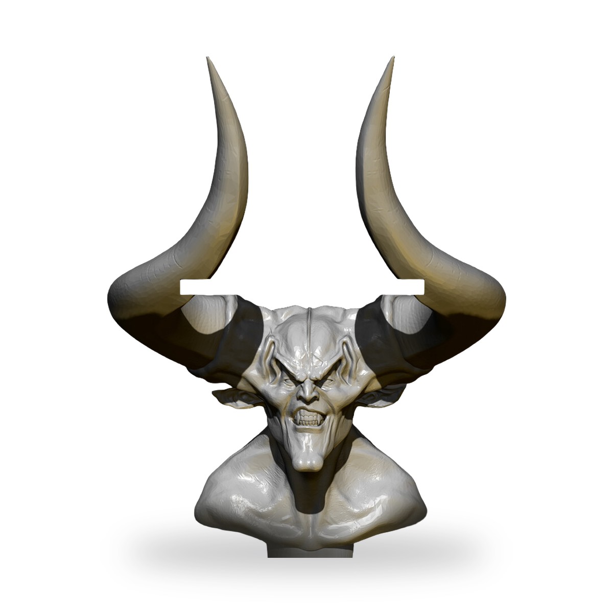 Unpainted resin bust of horned demon with muscular shoulders and fierce expression.