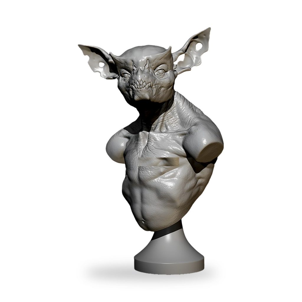 Unpainted gray bust of orc-like monster with large ears and muscular torso on stand.