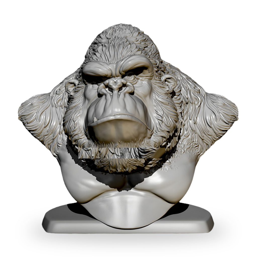 Unpainted gorilla bust with detailed fur and muscular chest on base.