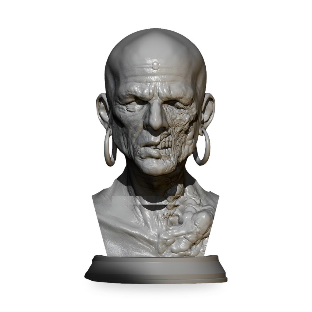 Unpainted bust of aged monk with burnt face and large earrings.