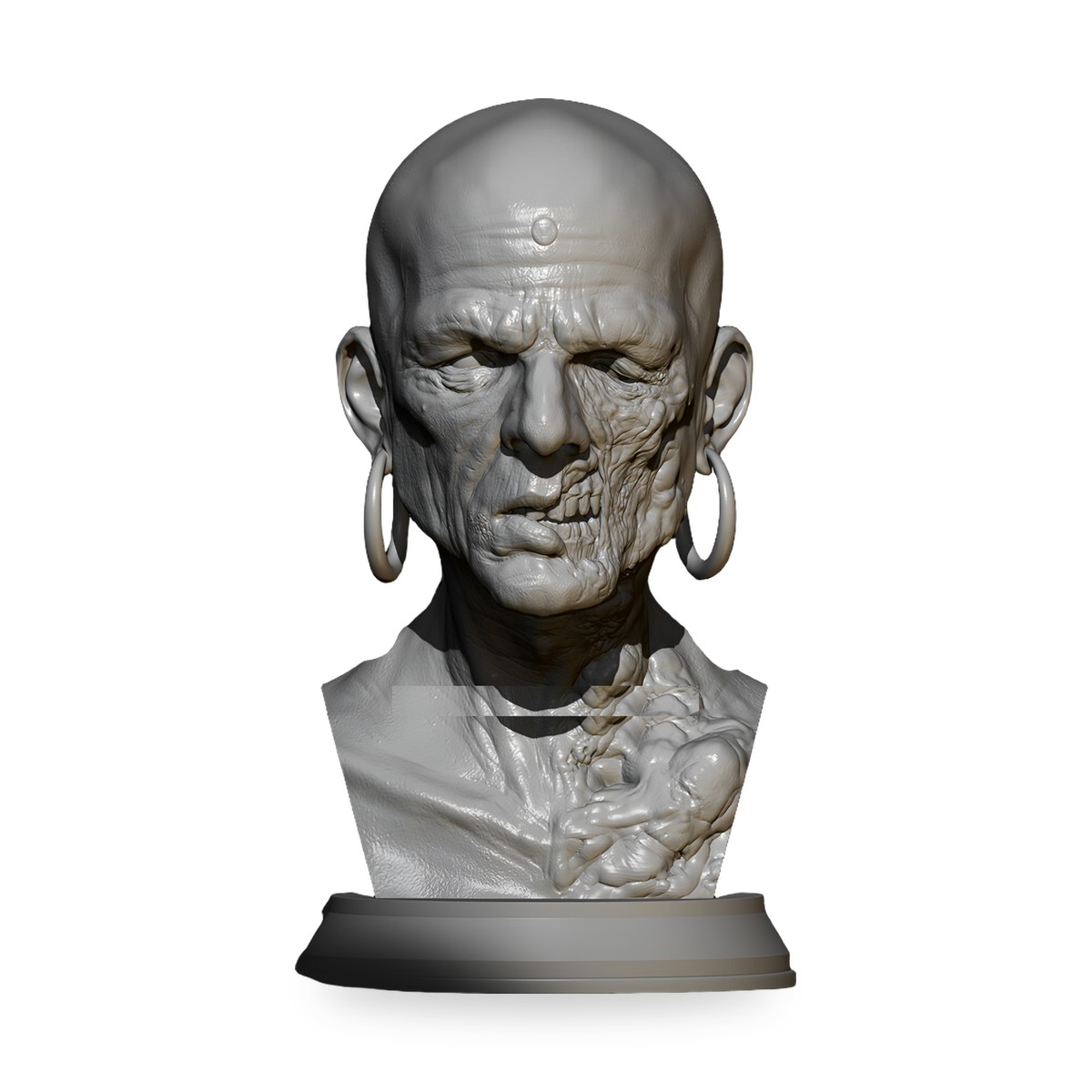 Unpainted bust of aged monk with burnt face and large earrings.