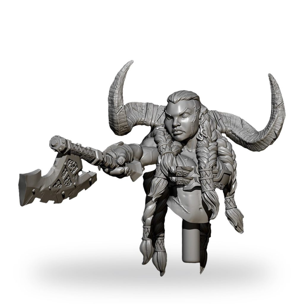 Unpainted horned huntress bust holding battle axe.