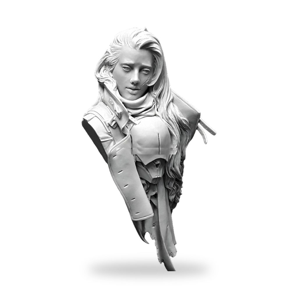 Unpainted bust of female character in detailed coat and scarf.