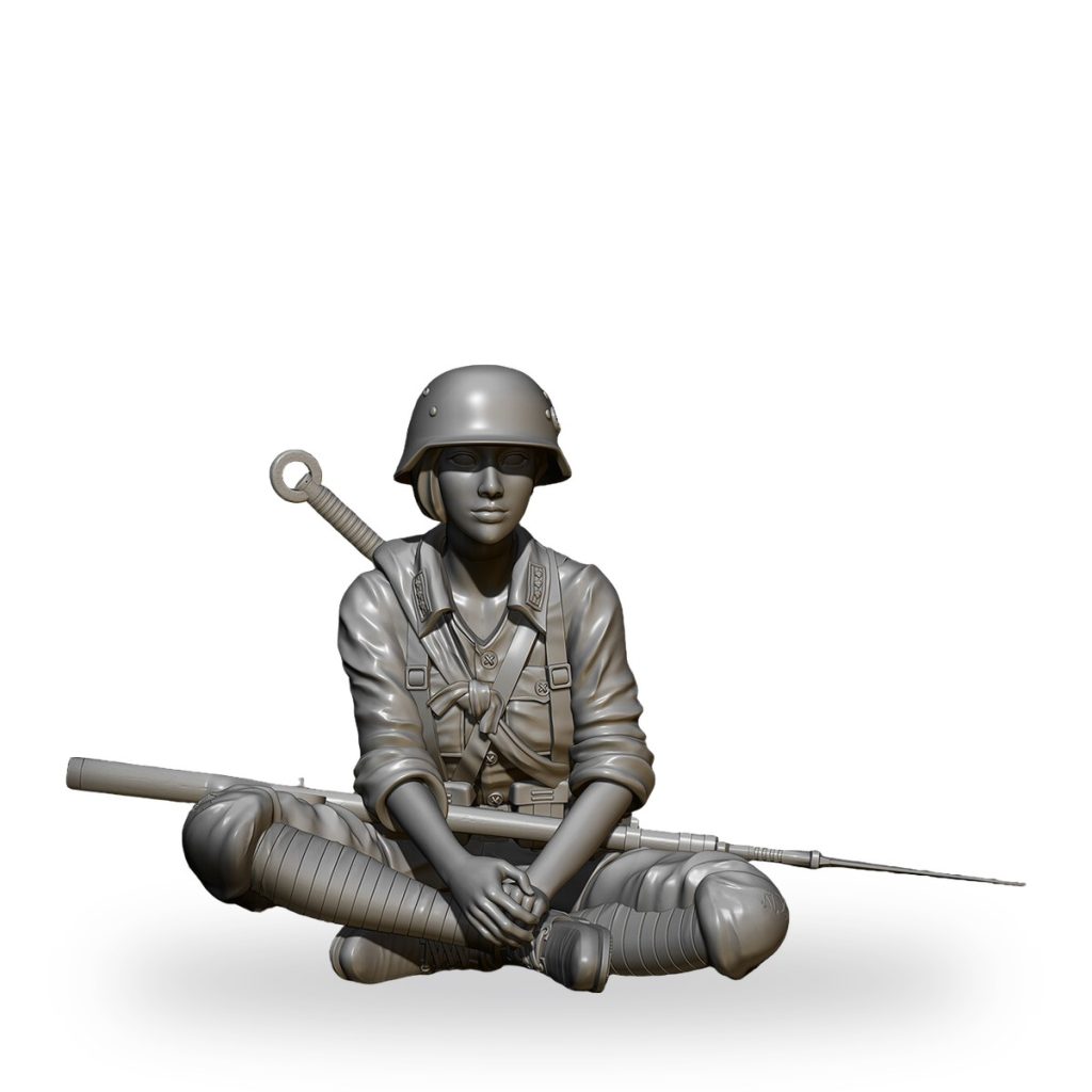 Unpainted female soldier miniature with rifle and machete in seated pose.