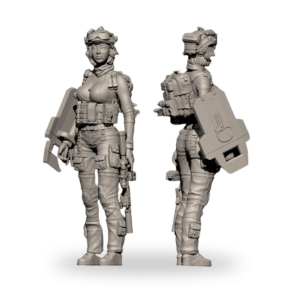 Unpainted female soldier miniature in tactical gear with shield and rifle.