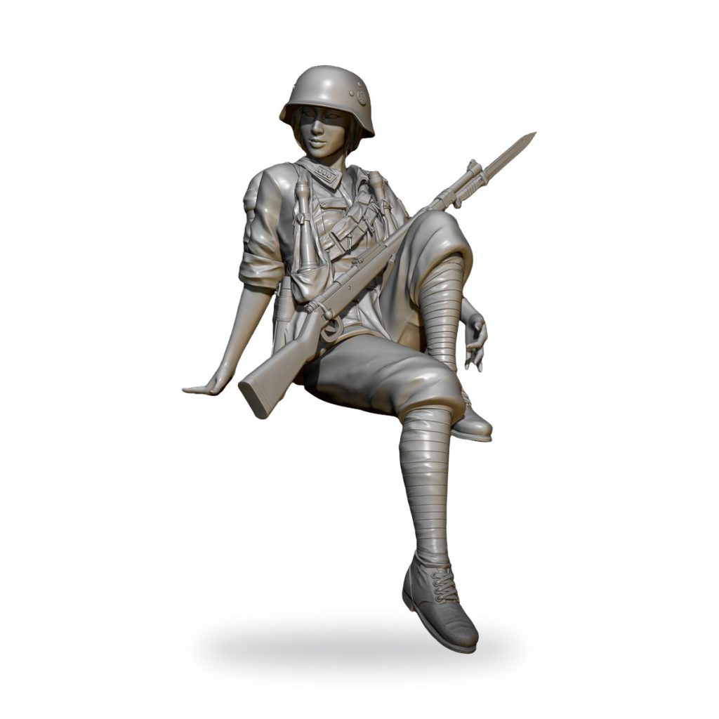 Unpainted female soldier miniature with rifle and helmet in seated pose.