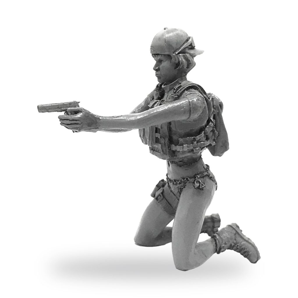 Unpainted female agent in tactical gear kneeling with pistol.