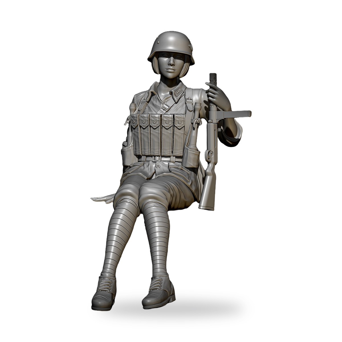 Unpainted female soldier officer in military gear holding rifle.