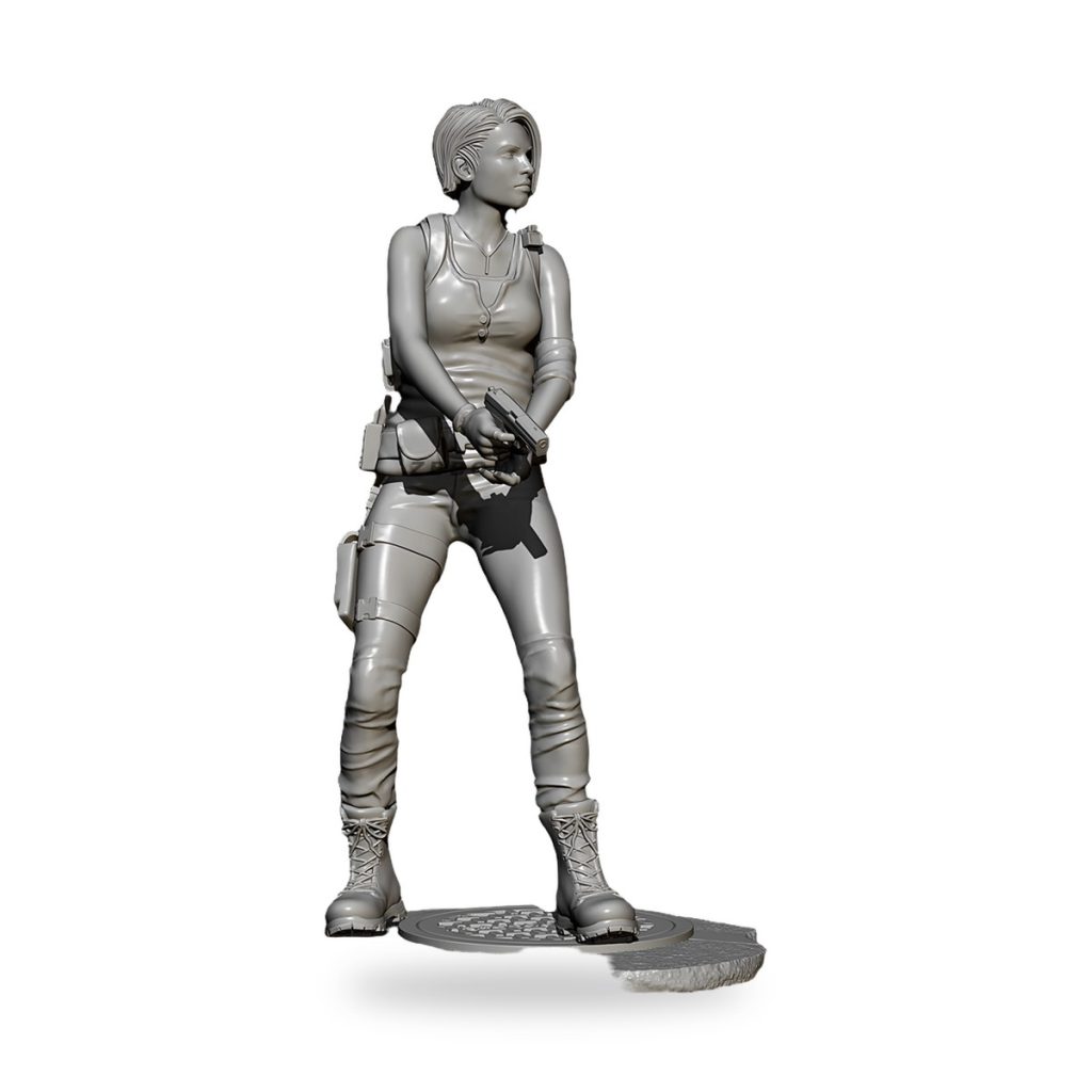 Unpainted female agent holding pistol in tactical gear on circular base.