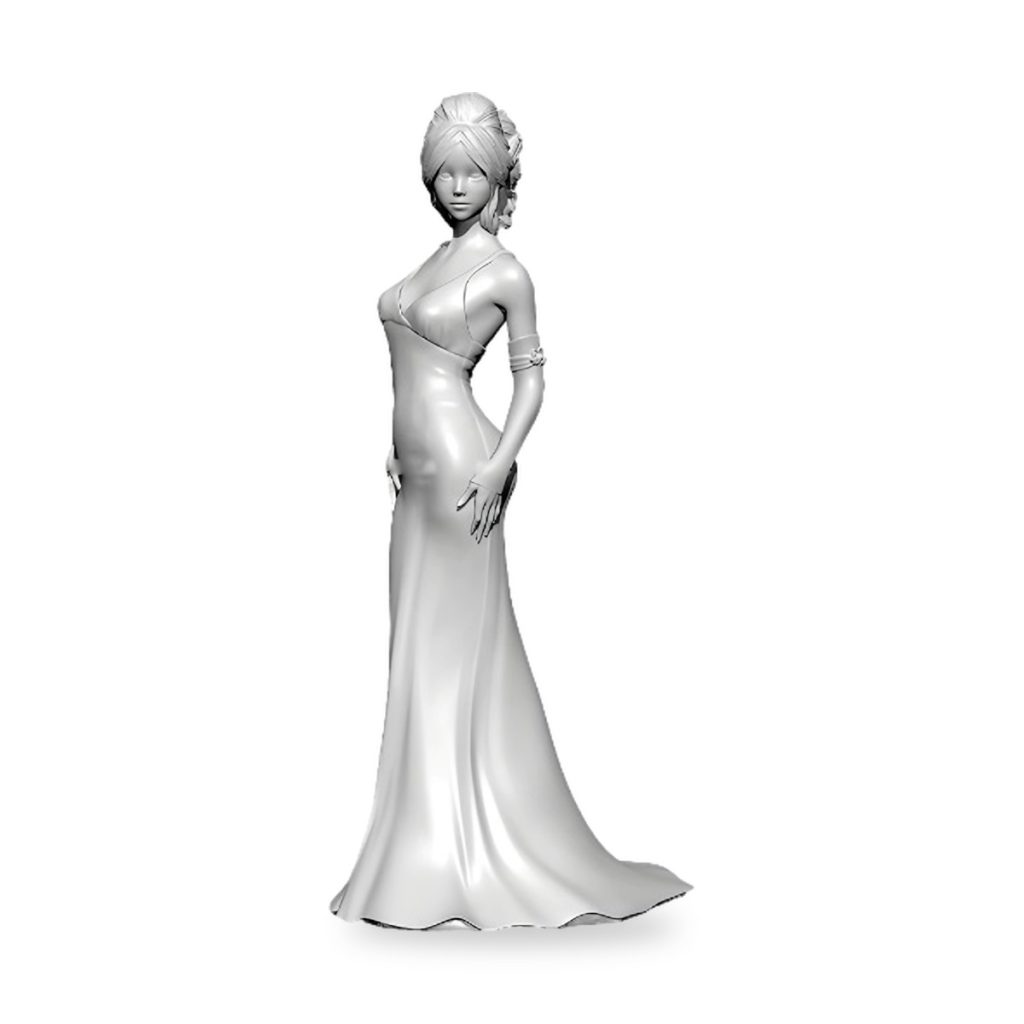 Unpainted white resin figure of woman in elegant gown with styled hair and arm accessory.