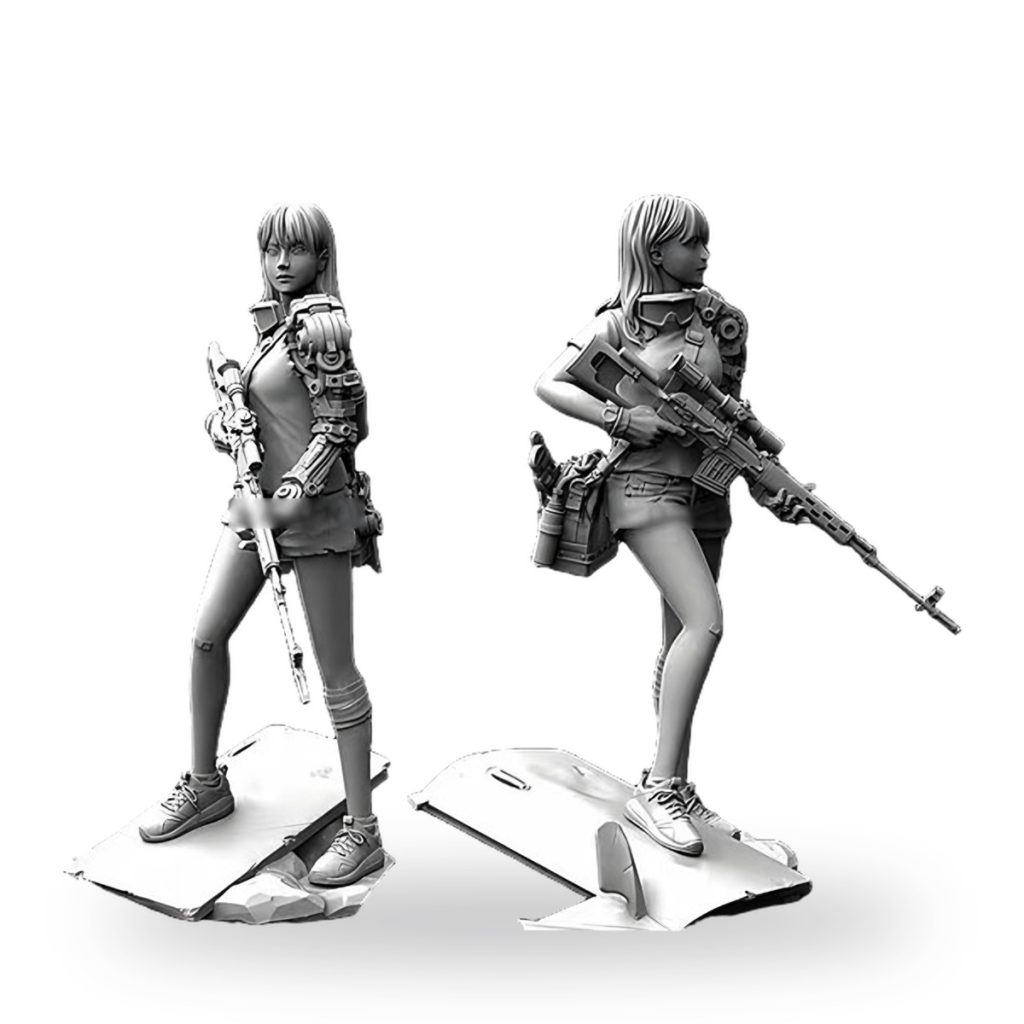 Unpainted female cyborg soldier sniper with rifle and sci-fi gear.
