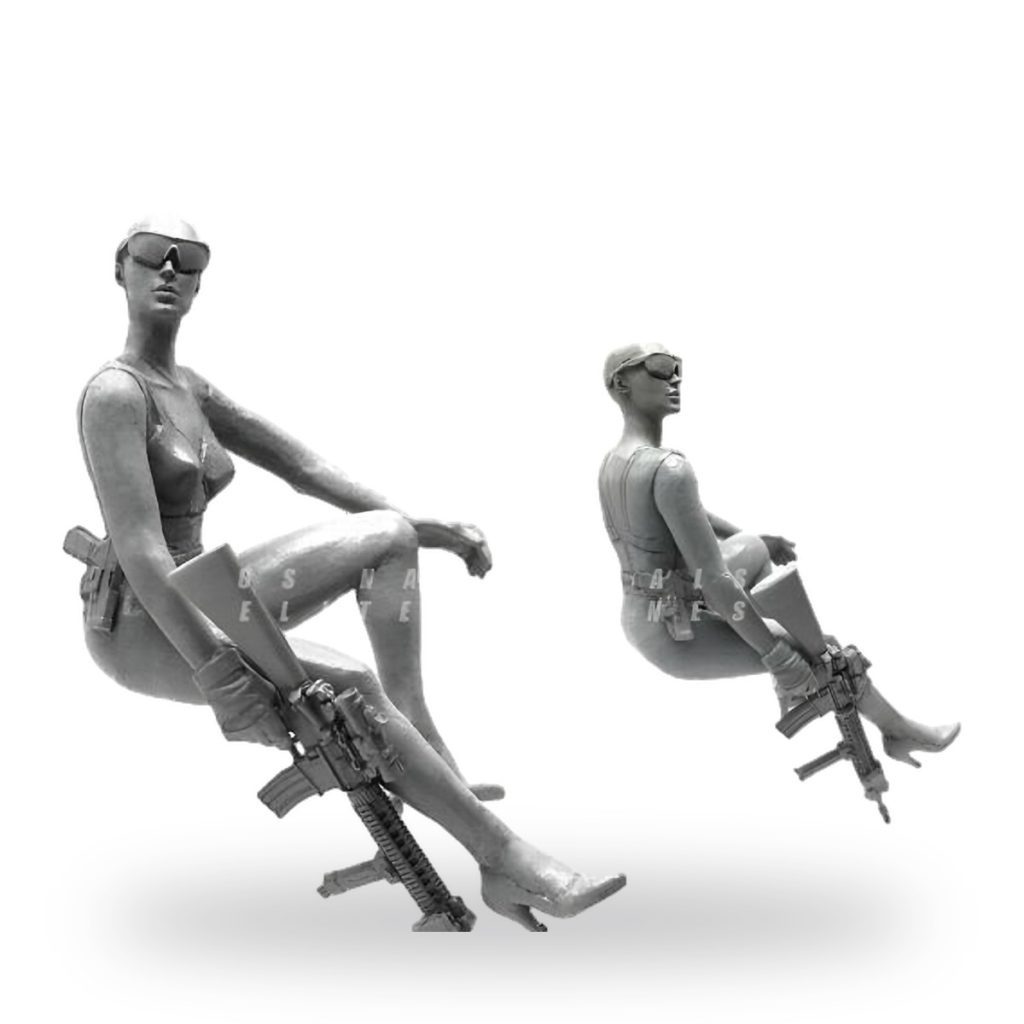 Unpainted female mercenary figure holding assault rifle in seated pose.