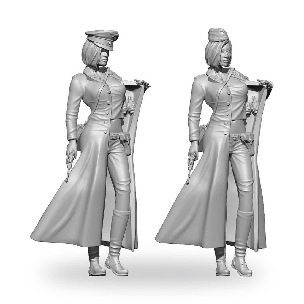 Unpainted female military officer figure in uniform with weapon and grenade.