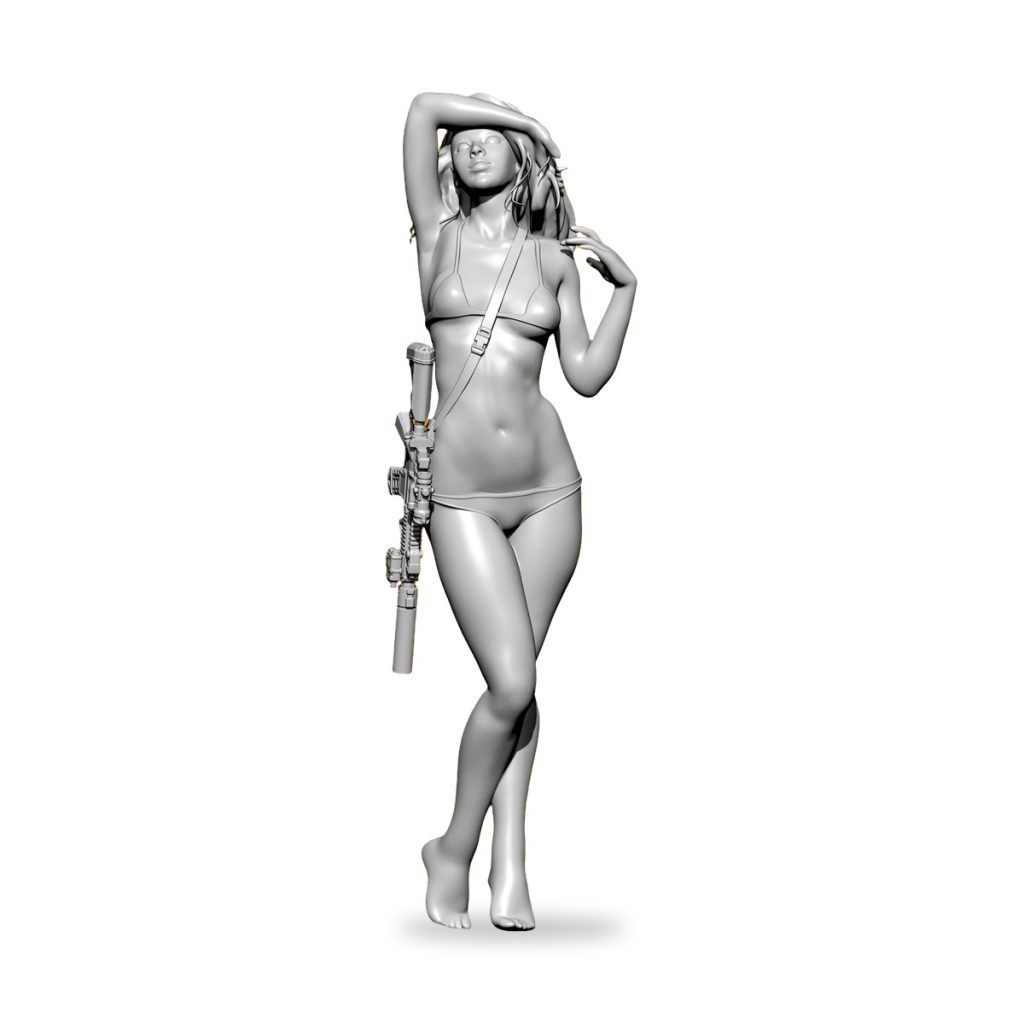 Unpainted resin figure of bikini-clad woman holding rifle with strap.