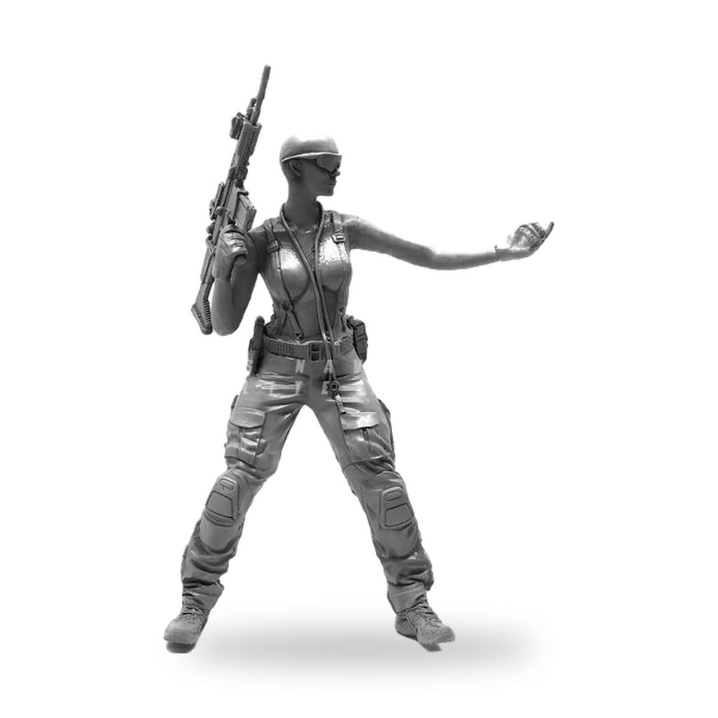 Unpainted female soldier figure holding rifle in tactical gear.