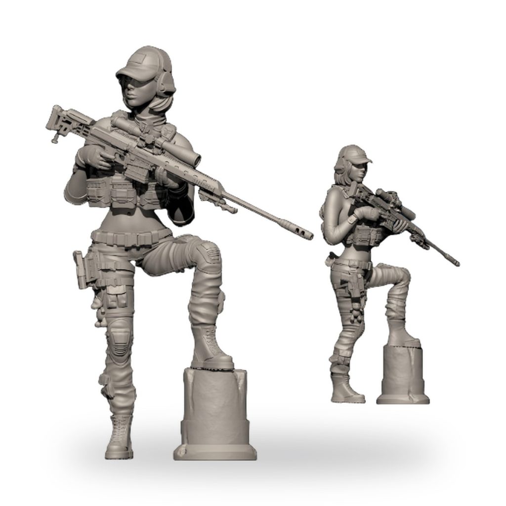 Unpainted female soldier sniper in tactical gear holding rifle on pedestal.