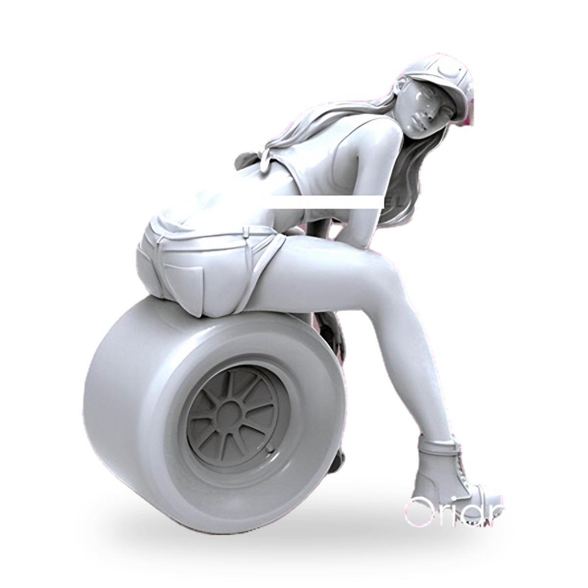 Unpainted resin figure of girl mechanic sitting on race car wheel.