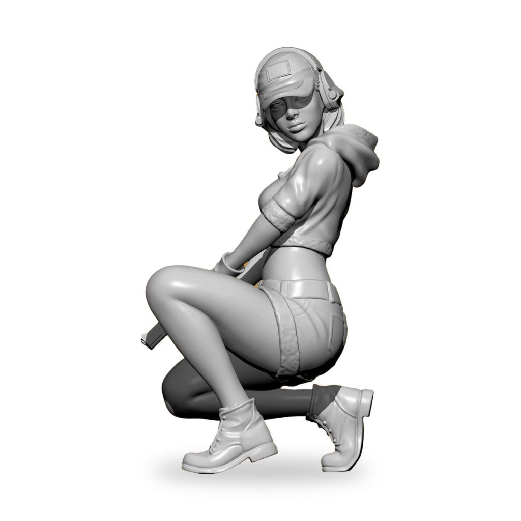 Unpainted resin figure of female secret agent in crouching pose with headset and tactical gear.