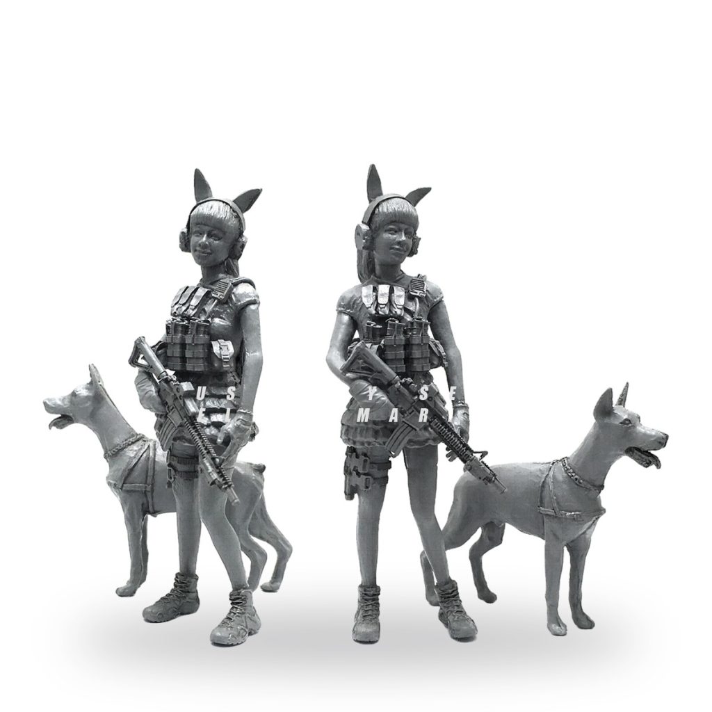 Unpainted female militia figures with rifles and hound dogs in tactical gear.