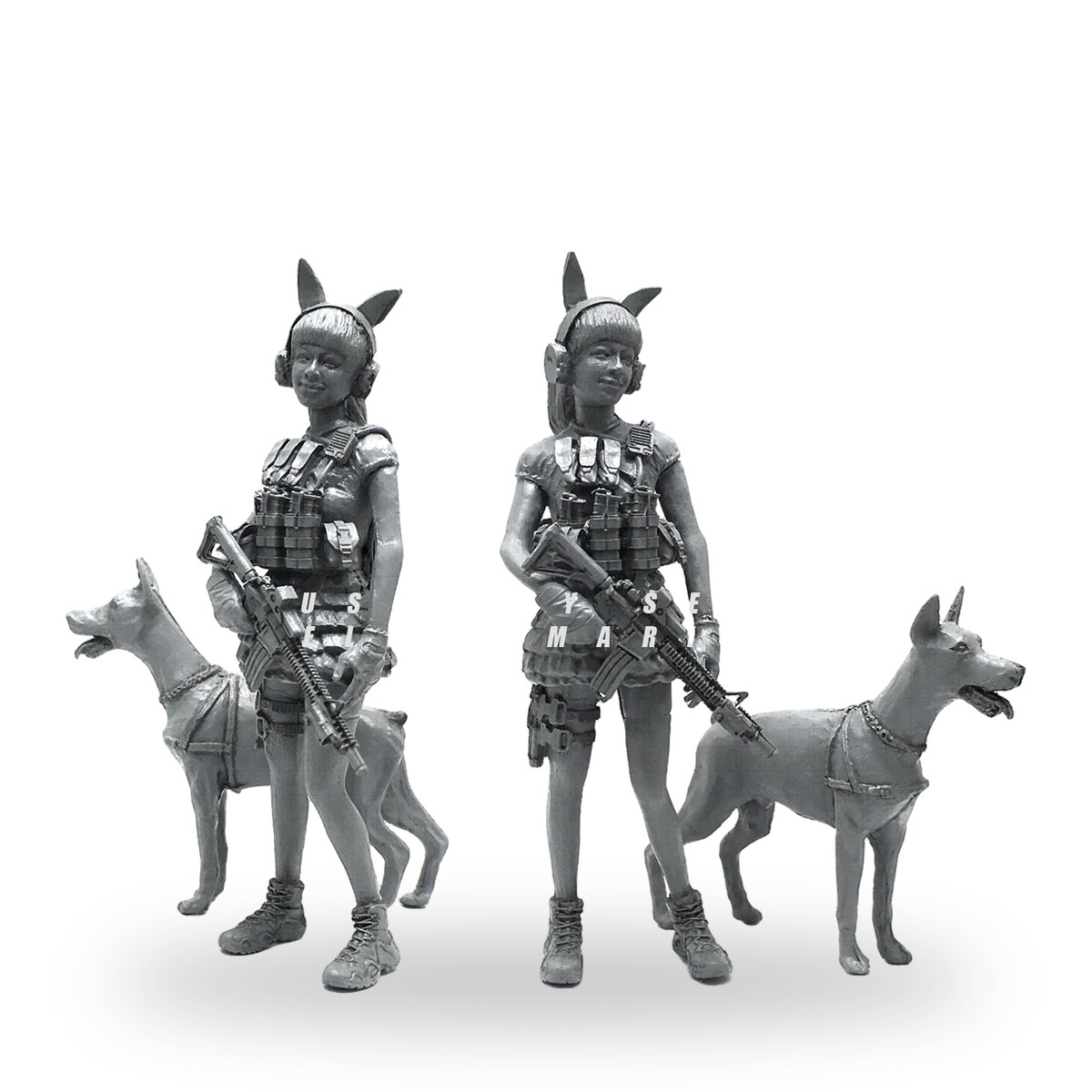 Unpainted female militia figures with rifles and hound dogs in tactical gear.