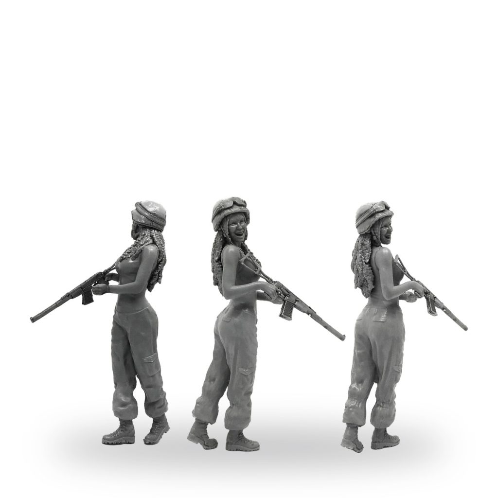 Unpainted female soldier figure with rifle and helmet in three poses.