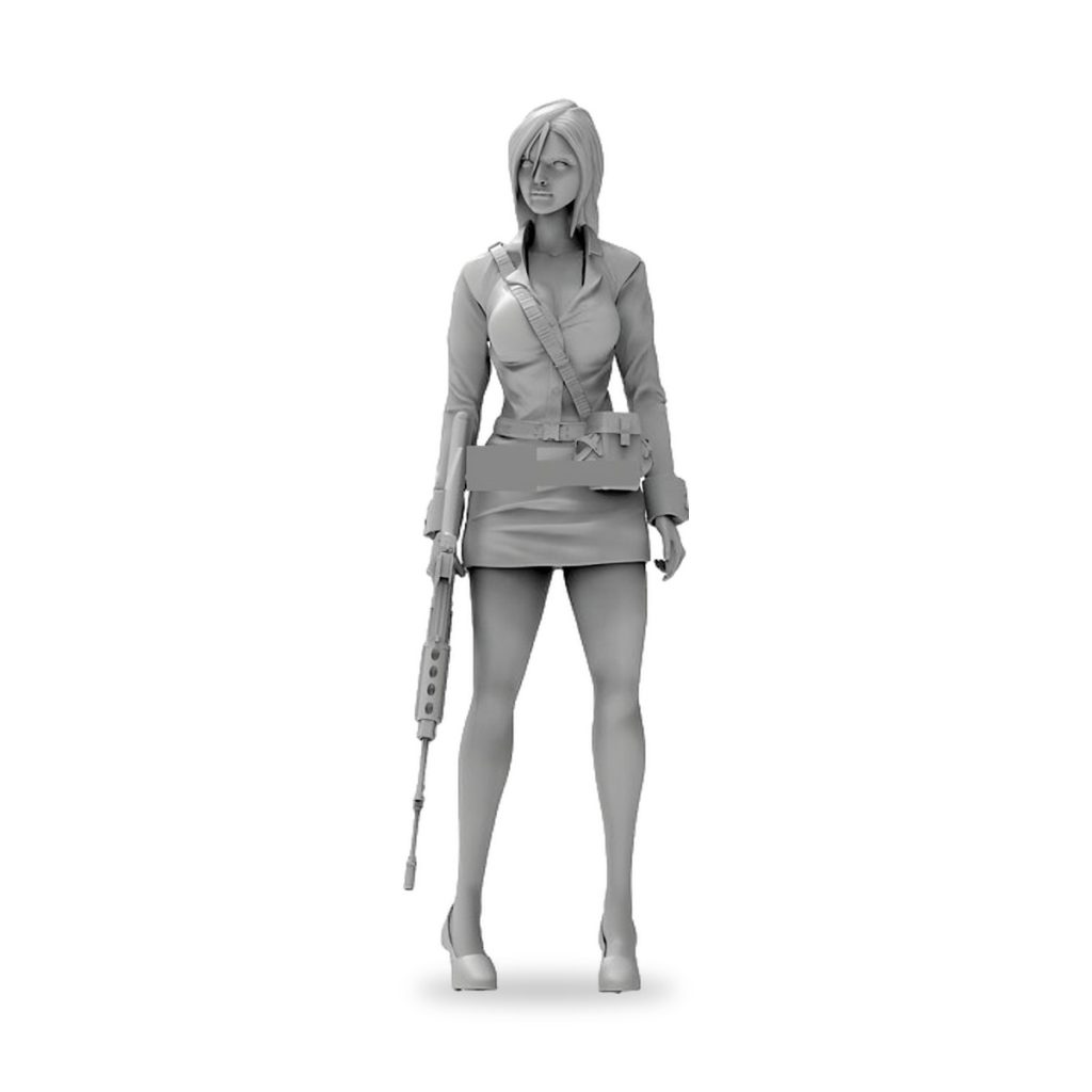 Unpainted female secret agent holding rifle in short skirt and blouse.