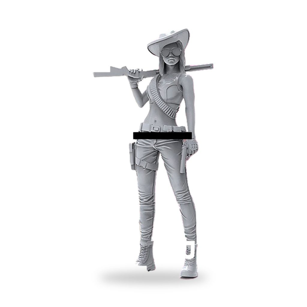 Unpainted female cowgirl hunter with rifle and ammo belt.