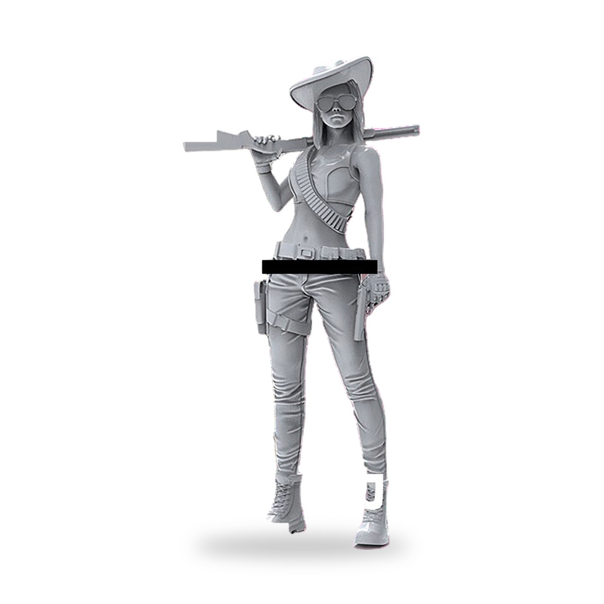 Unpainted female cowgirl hunter with rifle and ammo belt.