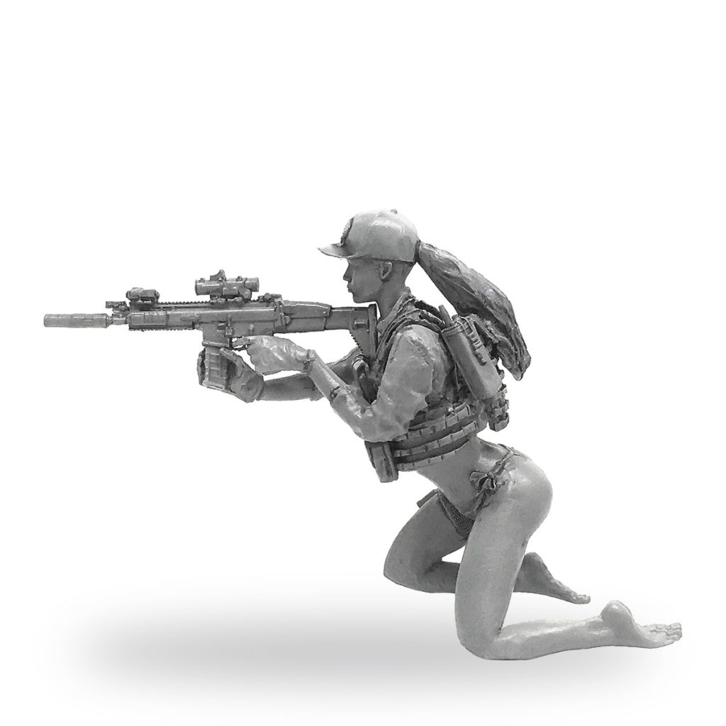 Unpainted female soldier sniper in bikini kneeling with rifle.