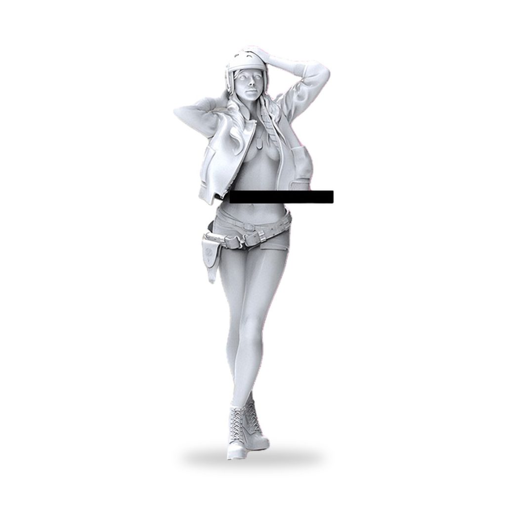 Unpainted female mechanic in biker chic outfit with helmet and tool belt.