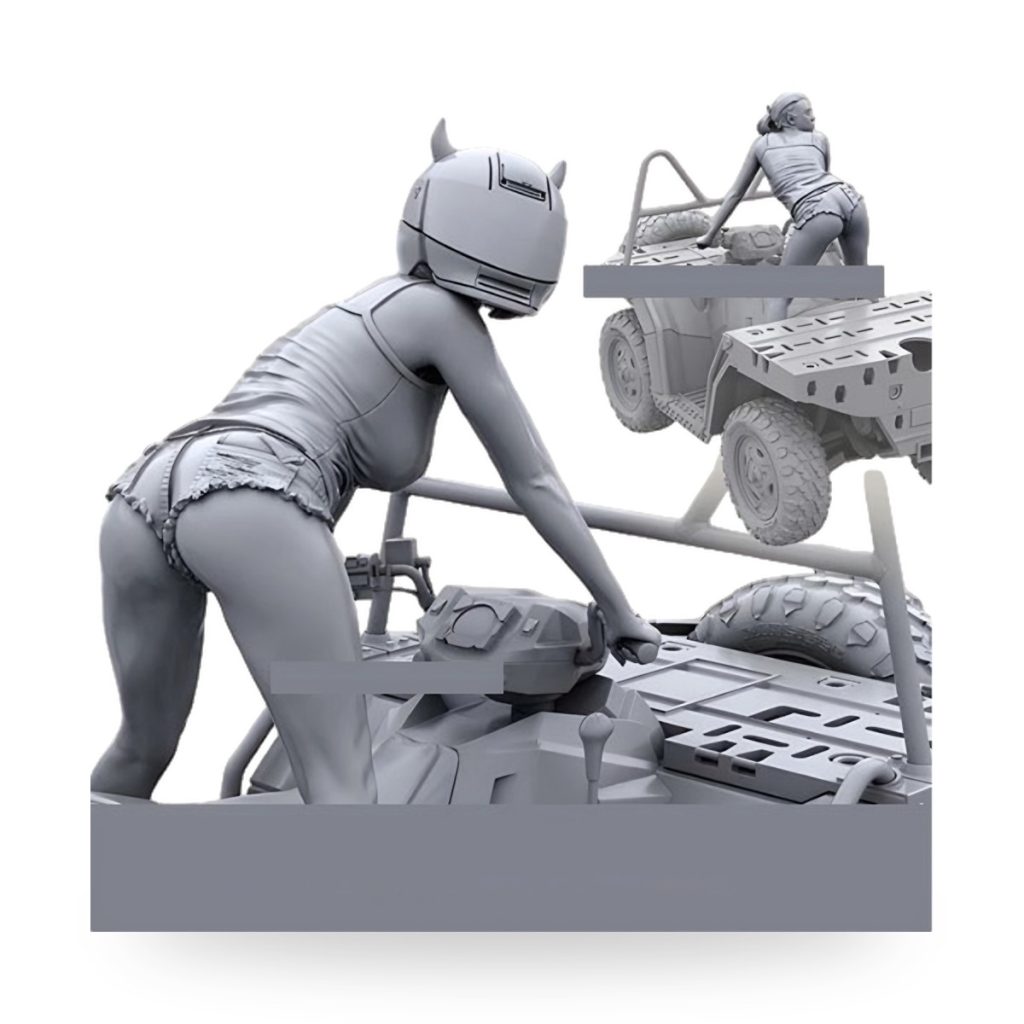 Unpainted resin model of female driver on ATV with helmet and horns.
