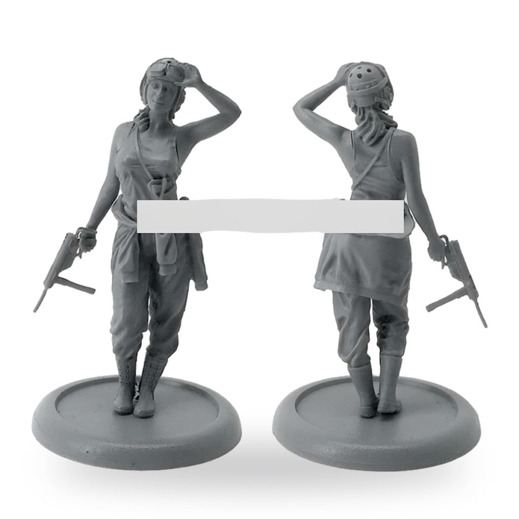 Unpainted female soldier figure holding rifle and adjusting helmet.