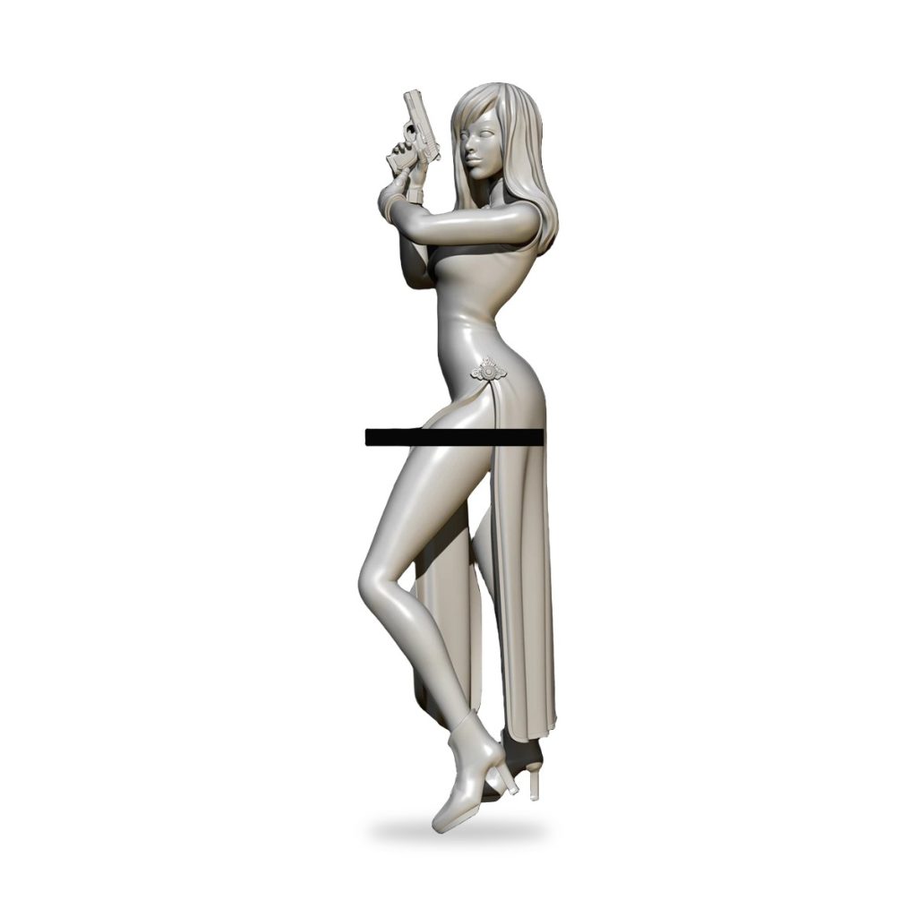 Unpainted white female spy figure holding pistol in high-heeled dress.