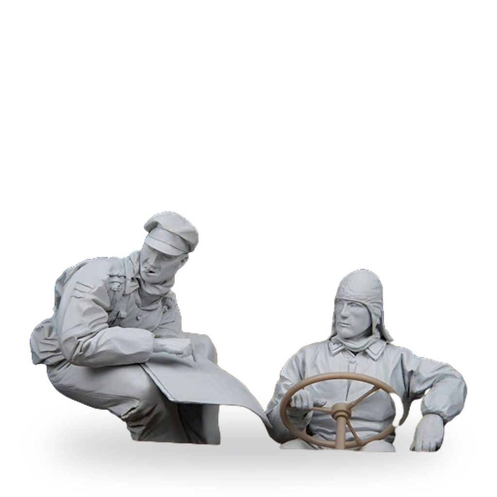 Unpainted resin figures of two soldiers in military uniforms; one crouching with map and other at steering wheel.