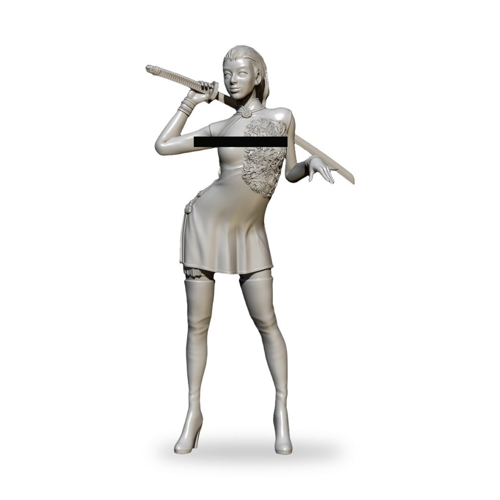 Unpainted female assassin holding katana in dress and thigh-high boots.