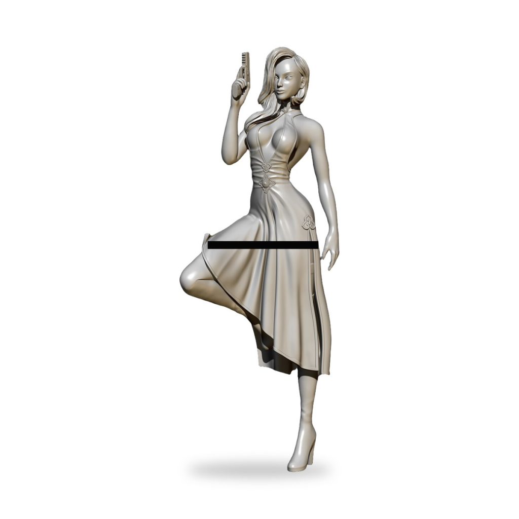 Unpainted female assassin agent in dress holding pistol, dynamic pose.