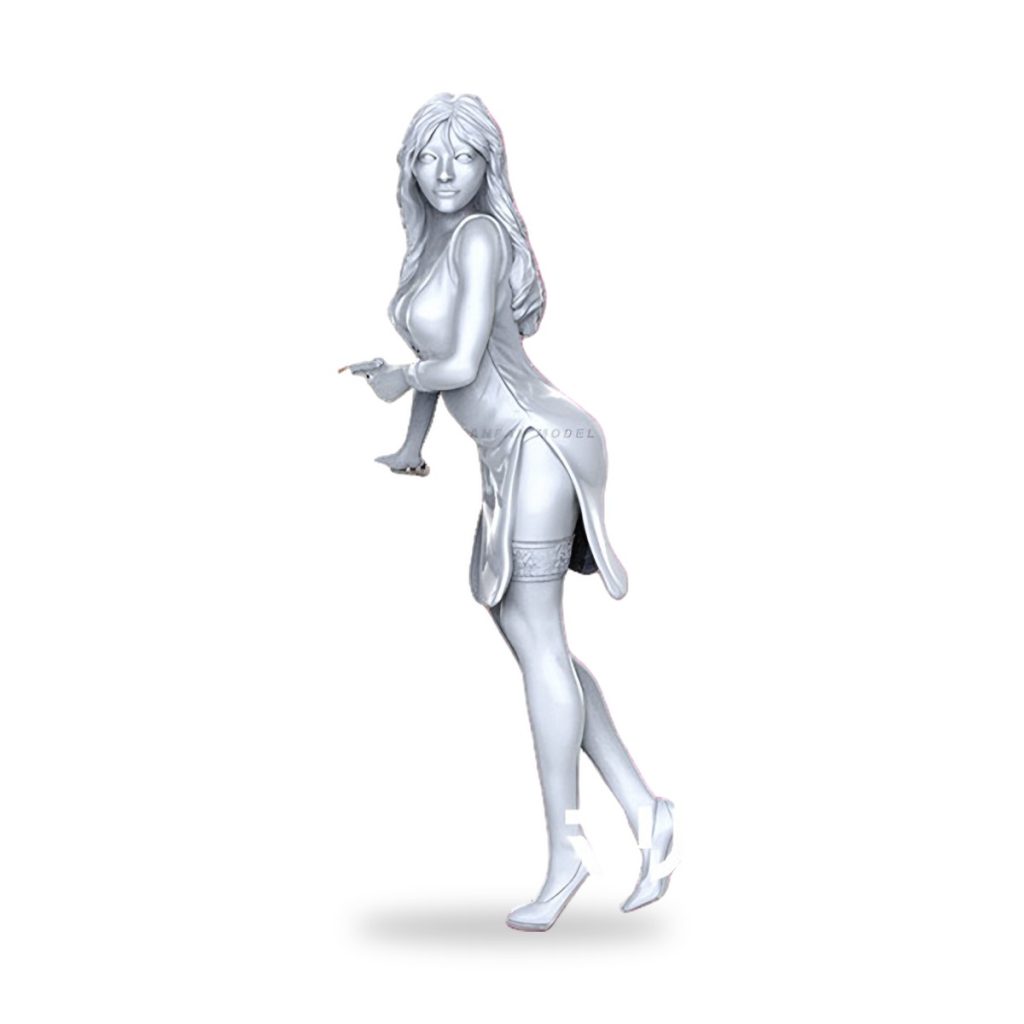 Unpainted white female secret agent figure in dress holding gun.