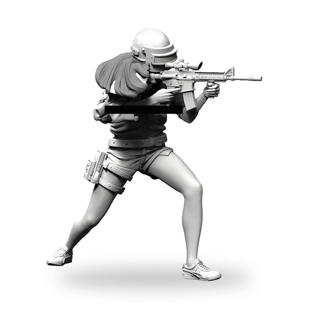 Unpainted female soldier in tactical gear holding rifle with night vision scope.
