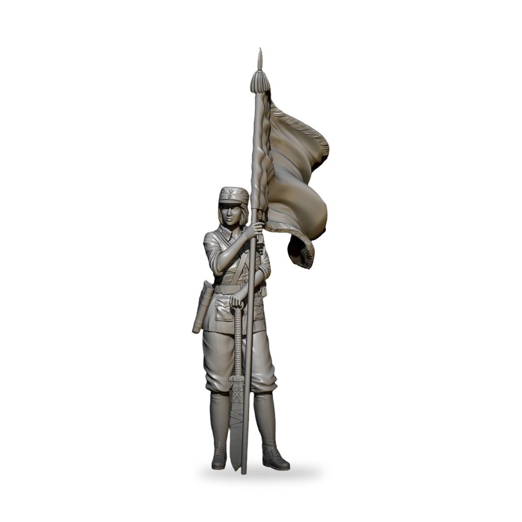 Unpainted female PLA soldier holding flag and rifle in uniform.